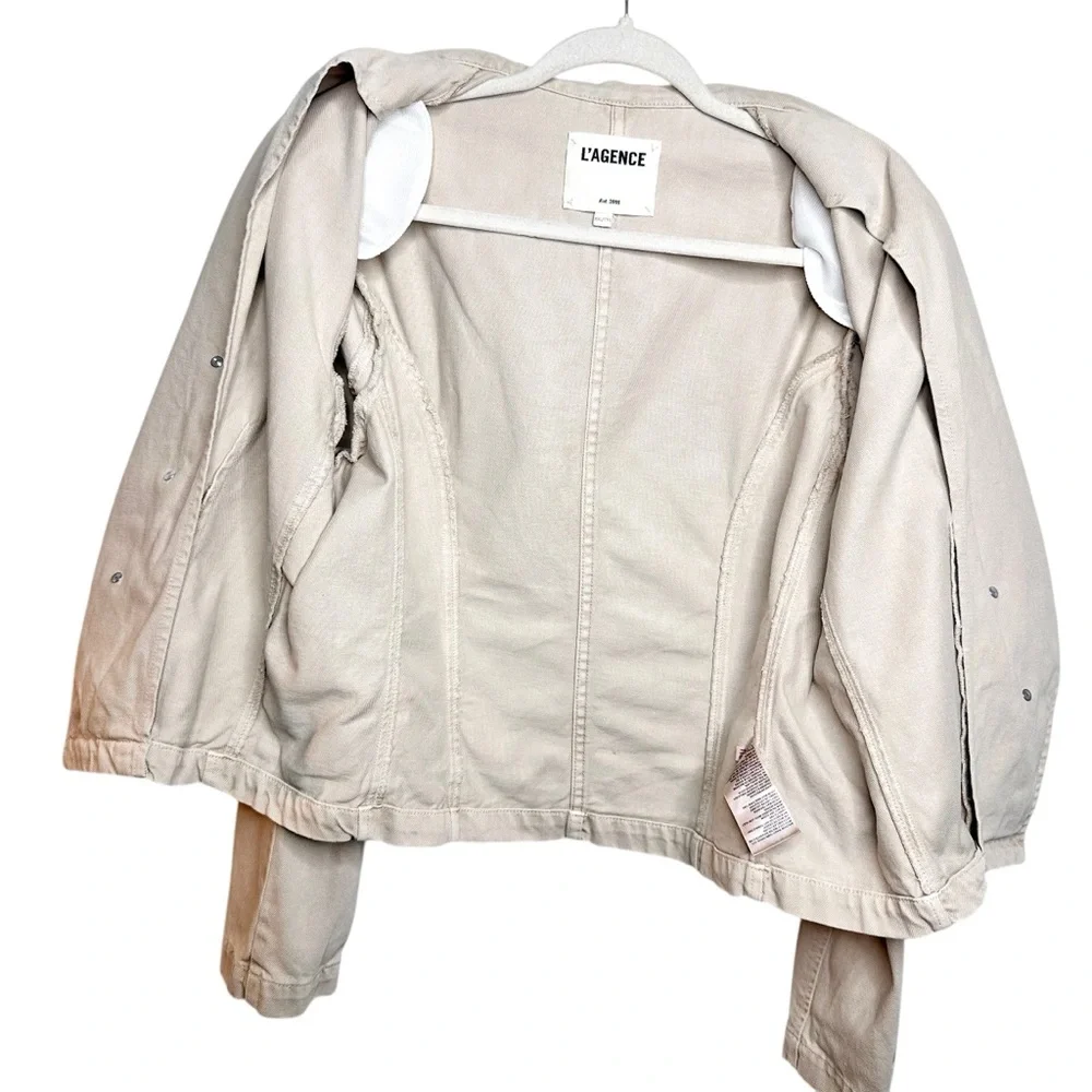 L’Agence Wayne Crop Double Breasted Denim Jacket Sand Dune Tan XXL